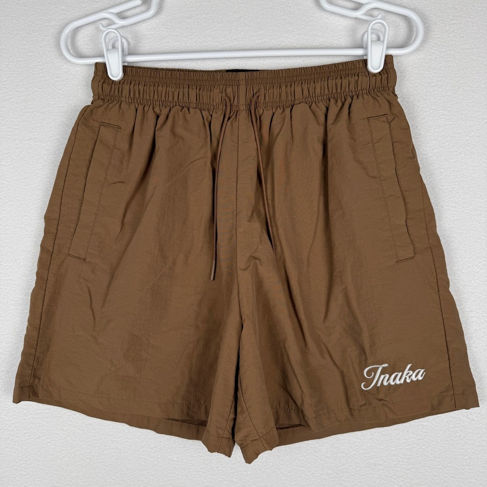 Inaka Power Brown Nylon Athletic Gym Shorts Women Large Embroidered Logo